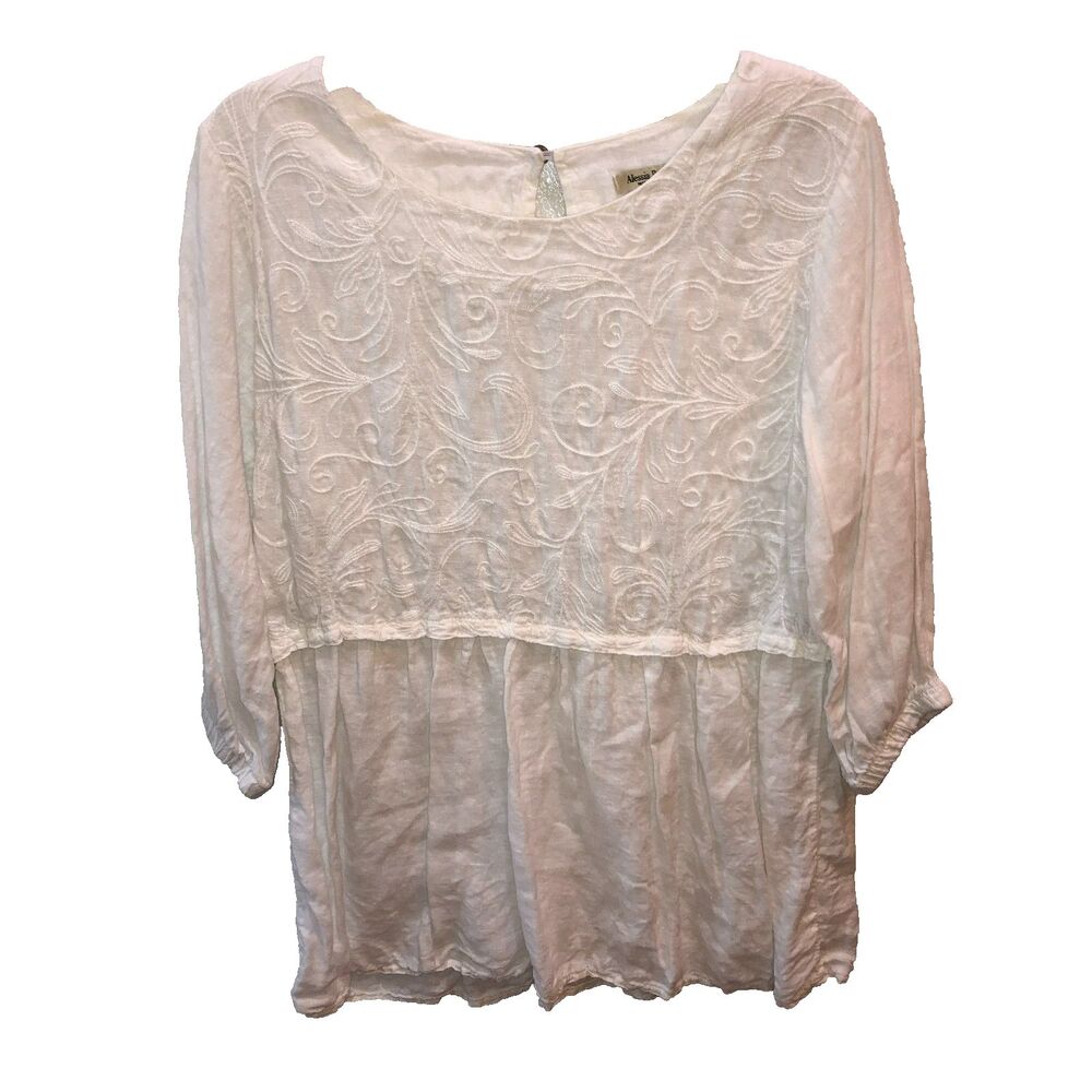 Alessia Pacini Womens Large White Linen Embroidered Top Shirt Size L Italy